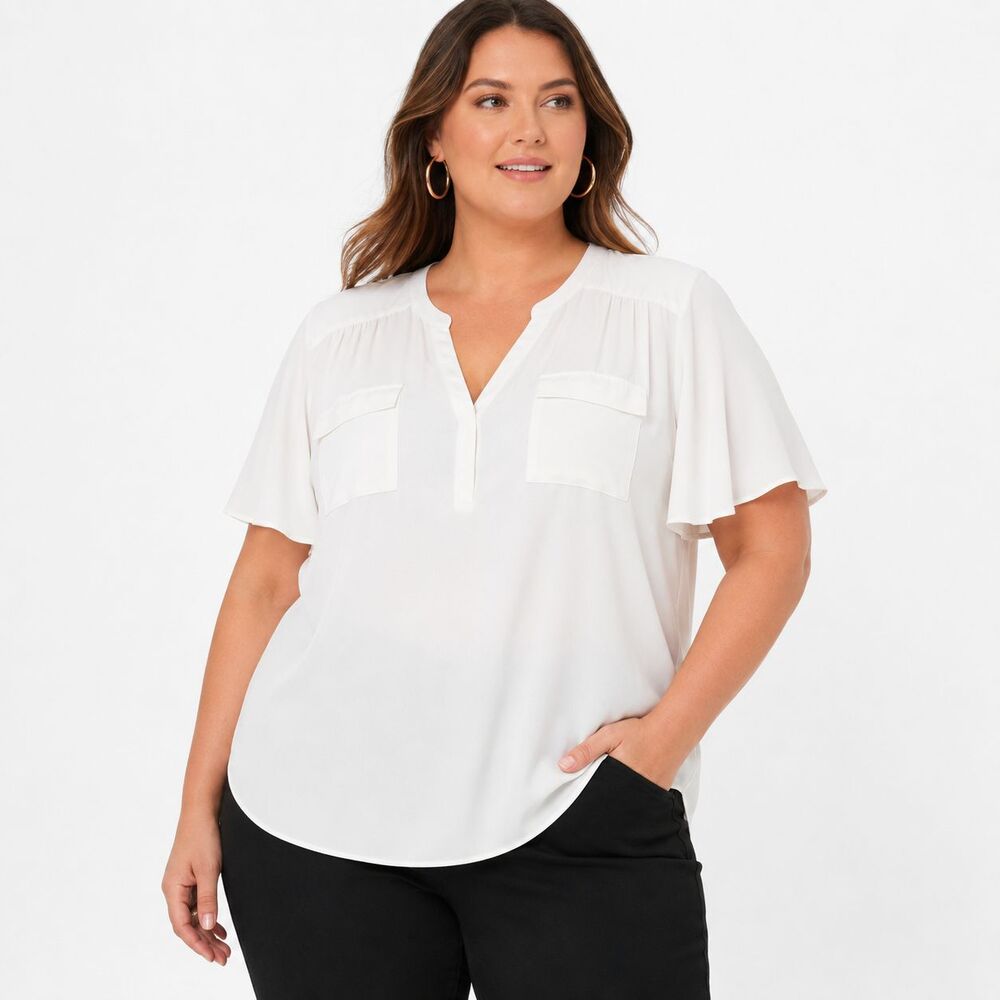 Torrid Harper Women's Plus Size 4 White Flutter Sleeve V Neck Blouse Top